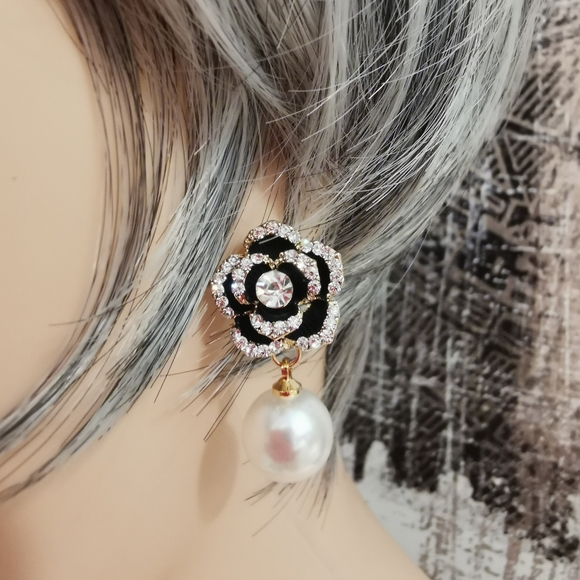 Earrings Camellia flower, dangle earrings Swarovski pearls, designer earrings,ce - Picture 3 of 8